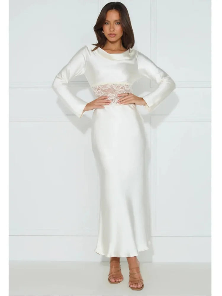 Elegant Long Sleeved Satin Lace Patchwork Dress Women Slim Fit Lace Style Party Club Evening Dress Female New