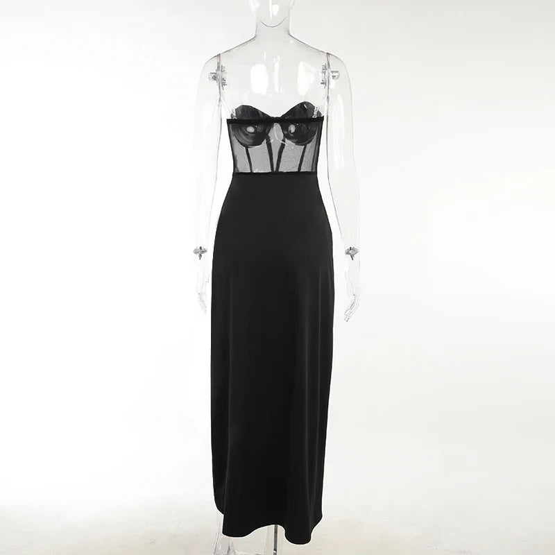 Sexy Black Mesh Patchwork Strapless Corset Maxi DressesWomen Summer Sleeveless Bodycon Split See Through Party Club Dress - Image 2