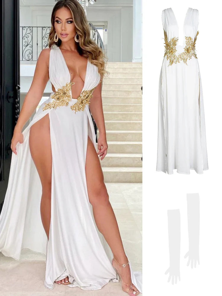 Women Evening Party Dress Vestidos Long Maxi Dress Sexy Summer Deep V Neck Backless Dress High Slit Fashion Festival