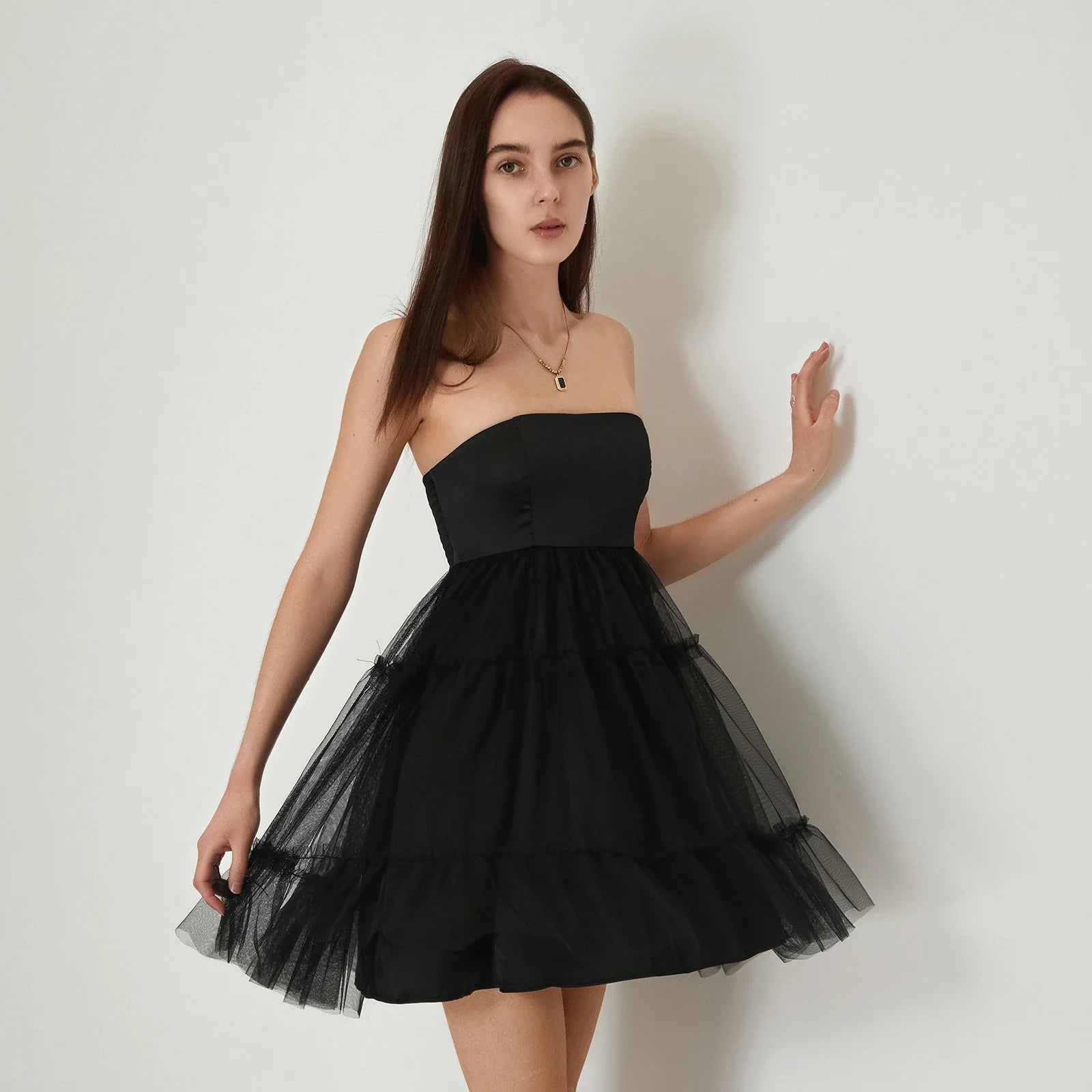 Fashion dress women laxury Solid Black Mesh Patchwork Strapless Open Back Mini A-Line Dress Tulle Tutu Tube Dress
