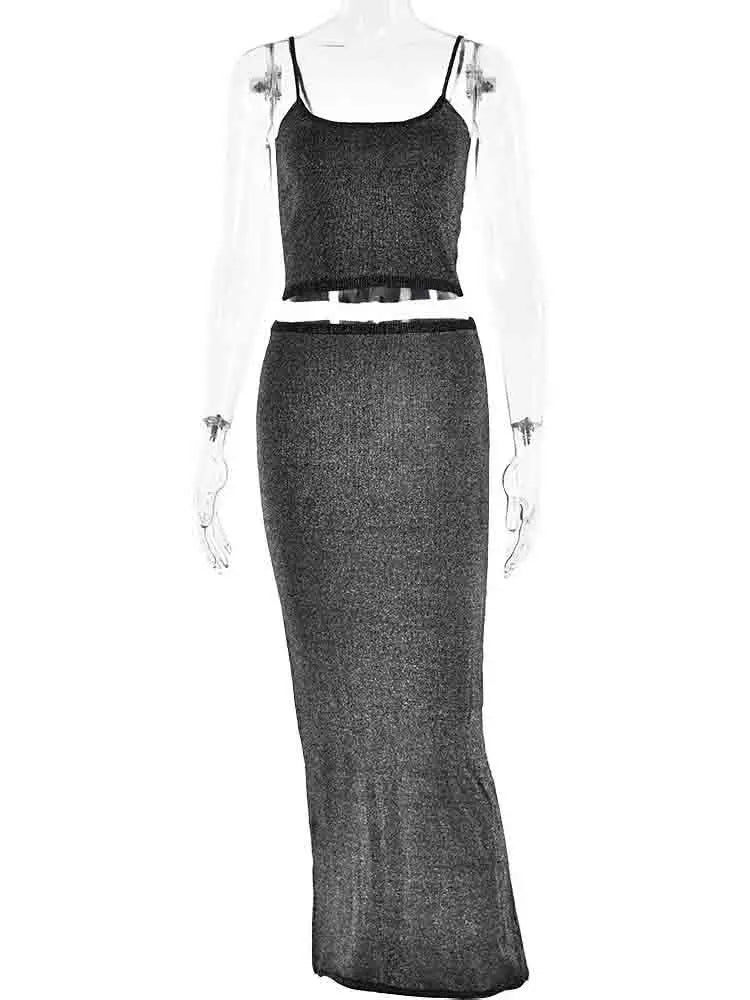 Bright Silk Backless Sexy Two Piece Set Vest Top Long Skirt Women Set Elegant Evening Party 2 Piece Set Women - Image 5