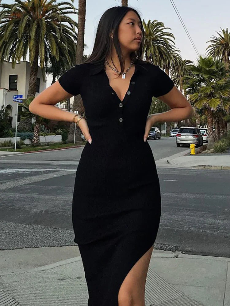 Knitted Women Bodycon Dress Sexy V-Neck Short Sleeve Split Long Dresses Autumn Black High Street Casual Party Vestidos - Image 4