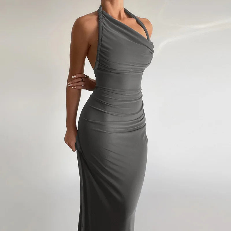 Clearance Sale !! Summer Maxi Sexy Backless Dress Slim Fit Halter Drawstring Dress for Women - Image 5