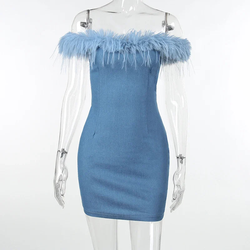 Strapless Artificial feathers Denim Mini Dress for Women Sexy Skinny Party Club  Strapless Denim Hipster Dresses WY23099MH - Image 4