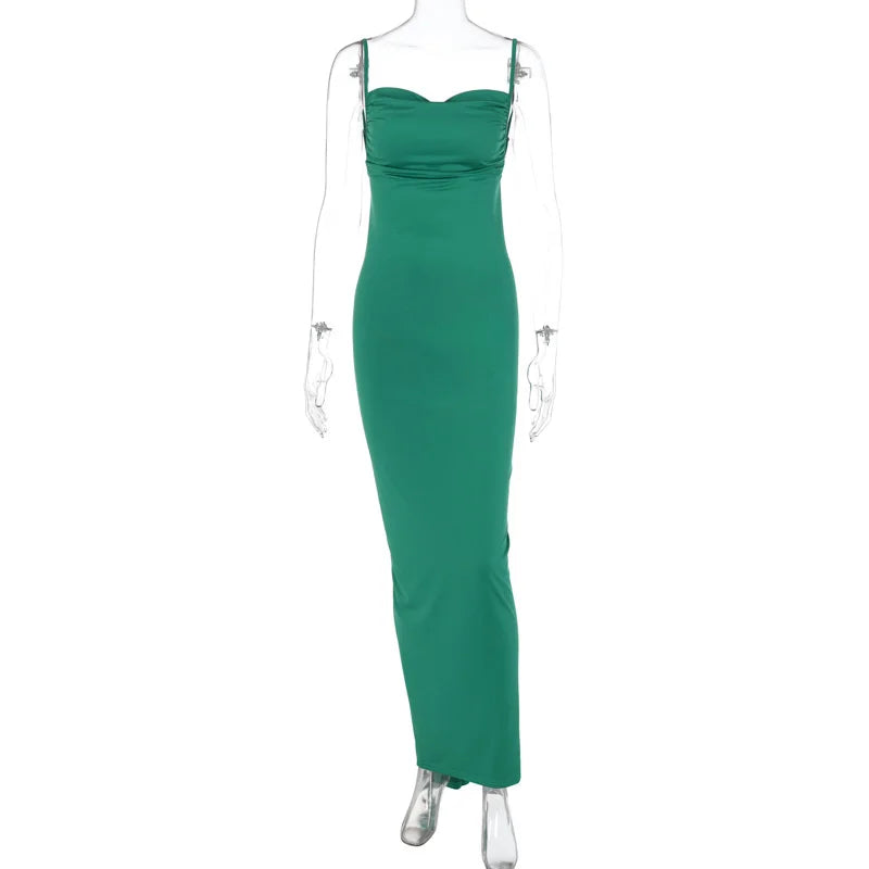 Spaghetti Strap Backless Ruched Maxi Dress For Women Gown Fashion Sleeveless Bodycon Sexy Club Party Dress Elegant - Image 4