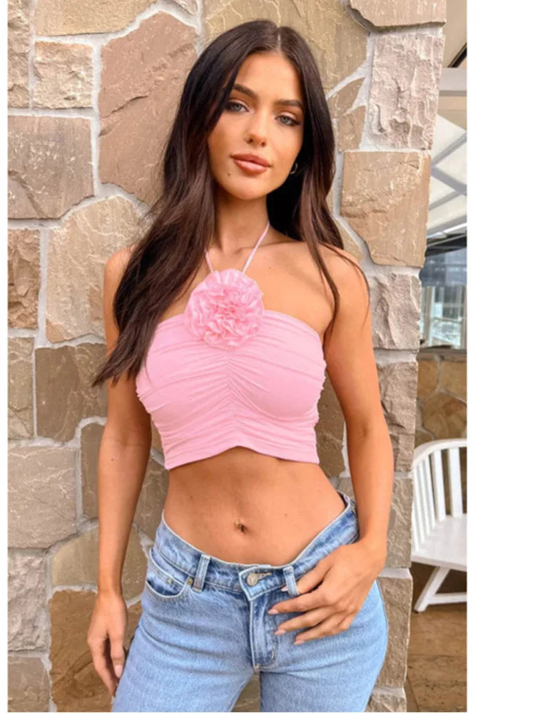 Sexy Girls INS Fashion Flower Tank Tops Lace Up Neck Hanging Backless Tank Top Slim Fit Female Vest Party Club Street - Image 3