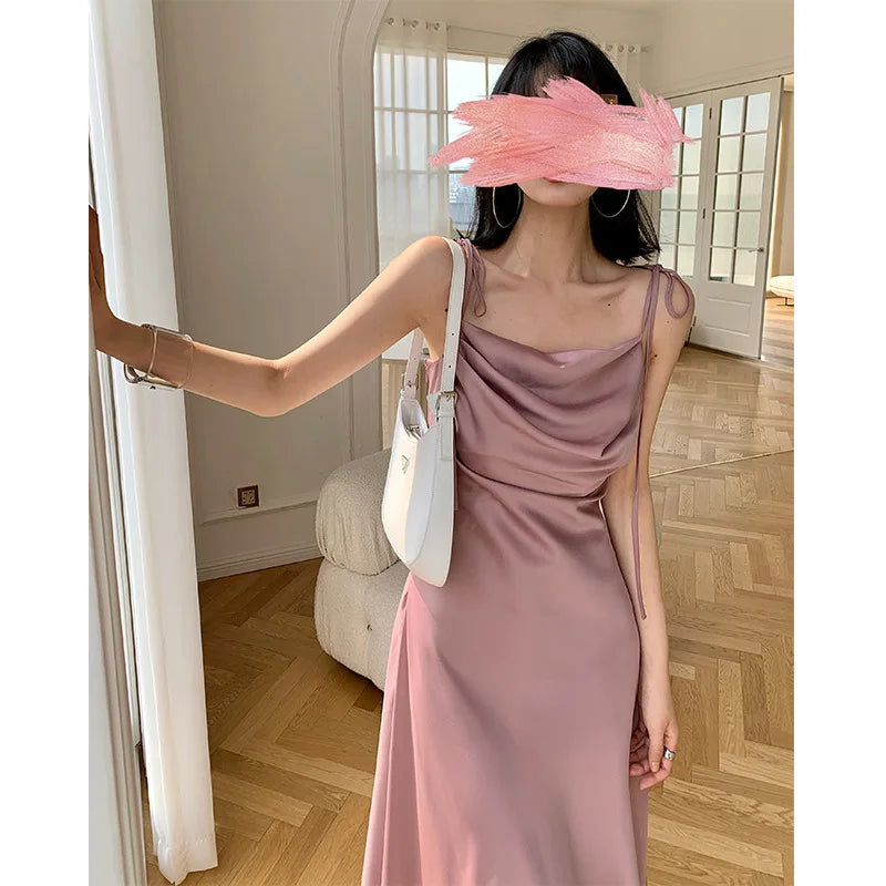 Summer Elegant Satin Spaghetti Strap Dress Yellow Draped V Neck Birthday Party Dresses Sexy Women Dress 2023 - Image 4