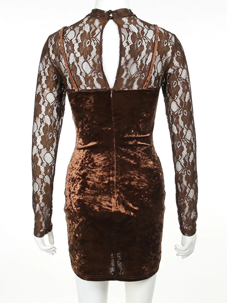 Hollow Out Sheer Lace Sexy Mini Dress For Women Autumn Winter Velvet Long Sleeve Bodycon Club Party Dress Elegant - Image 6