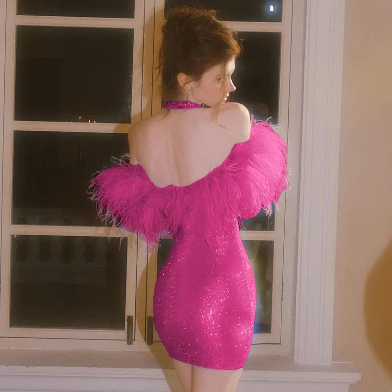 Fashion Sexy Club Winter Chic Velvet Glitter Dress Feathers Wrap Mini Women Elegant Evening Patry Long Sleeve Dress YJ23597 - Image 3