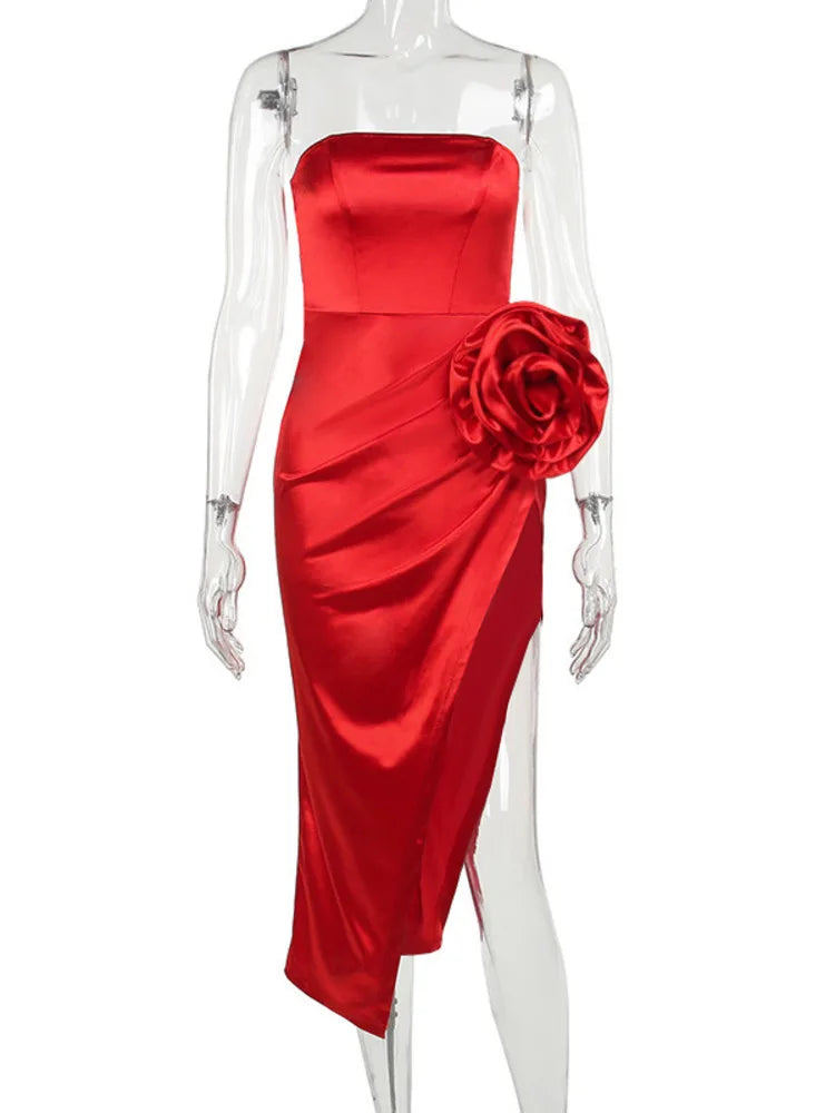 Strapless 3D Big Flower Sexy Midi Dress For Women Fashion Off-shoulder Backless Bodycon High Split Evening Long Dress - Image 7