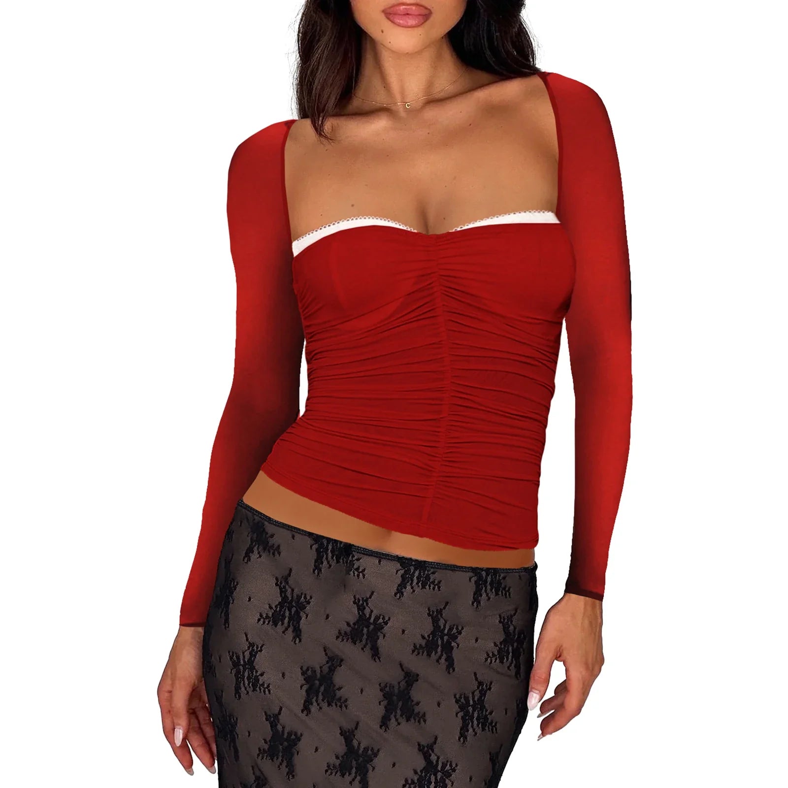 Y2K Women Square Neck Ruched Pleated Corset Long Sleeve T-shirt Crop Tops Tight Cropped Y2k Clothes - Image 10