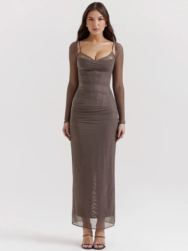 Elegant Sheer Long Sleeve Sexy Maxi Dress For Women Fashion Mesh Strapless Backless Club Party Sexy Long Dress New - Image 4