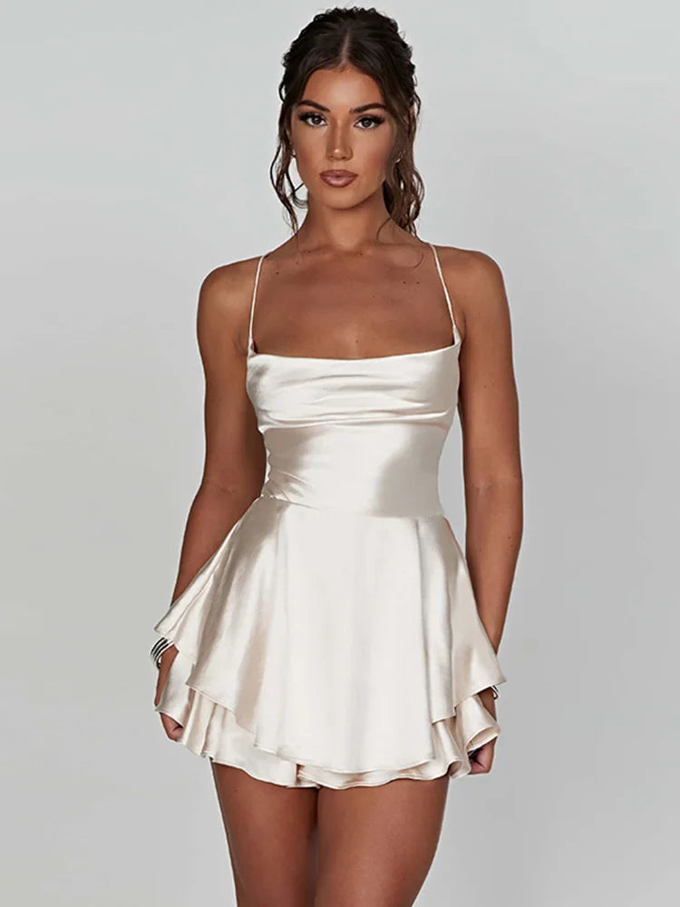 Women Solid Color Cami Playsuits CowI Neck Sleeveless Short Jumpsuits Summer Cross Tie-Up Backless Romper Clubwear Dress - Image 5