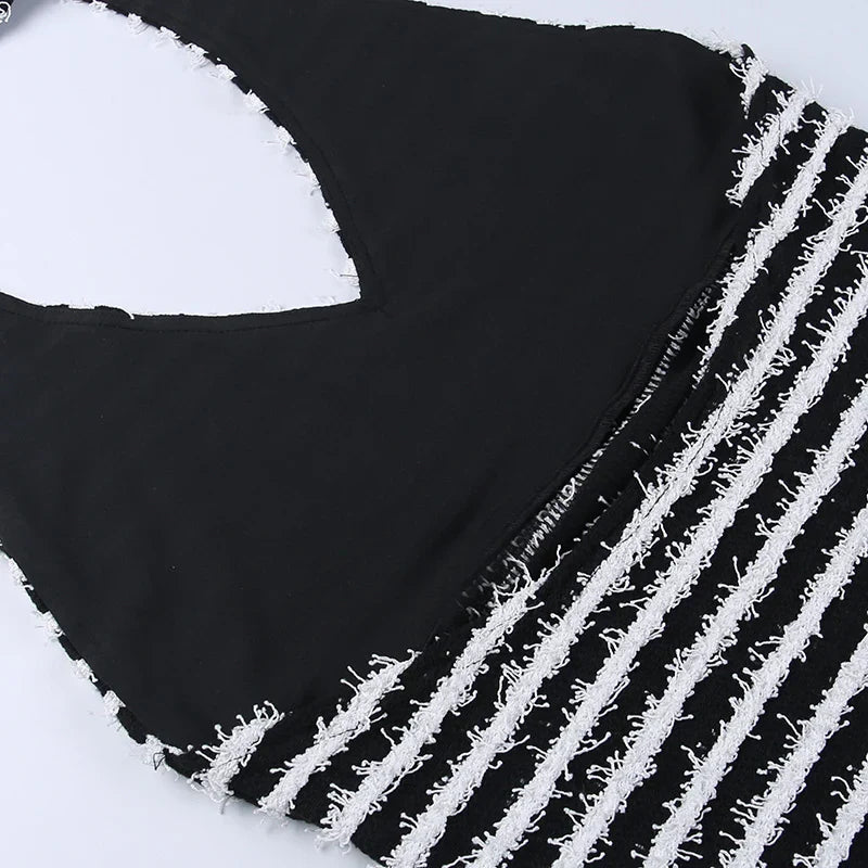 Black and White Striiped Knitted Mini Dresses Cute Sexy Vacation Outfits for Women Summer Deep VHalter Dress XY23038DG - Image 6