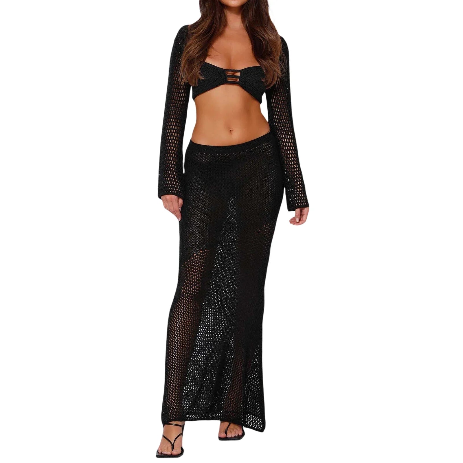 Knitted Sexy Bodycon Set Y2k Long Sleeve Square Neck Cut Out Crop Top White Long Skirt Cover Up Women Summer Vocation Outfit - Image 5