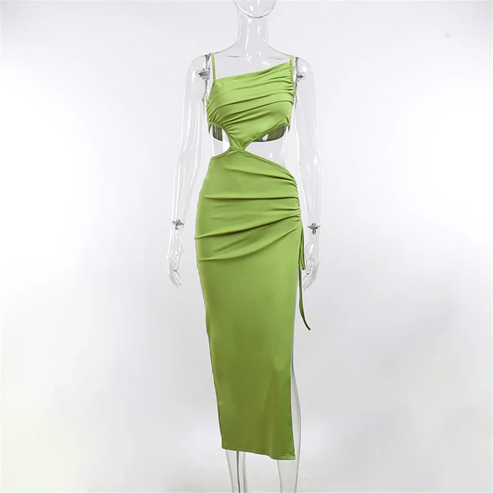 Summer Women Elegant Evening Party Dress Solid Color Sleeveless High Waist Hollow Out Split Hem Long Dress Beachwear - Image 6