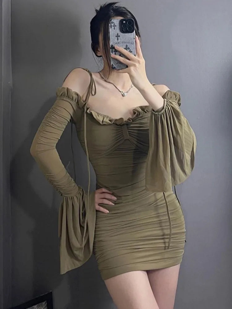 Spring Long Sleeved Women Dress Solid Color Sexy Flare Sleeve Off Shoulder Slim Wrap Hip Mini Party Evening Dress - Image 5