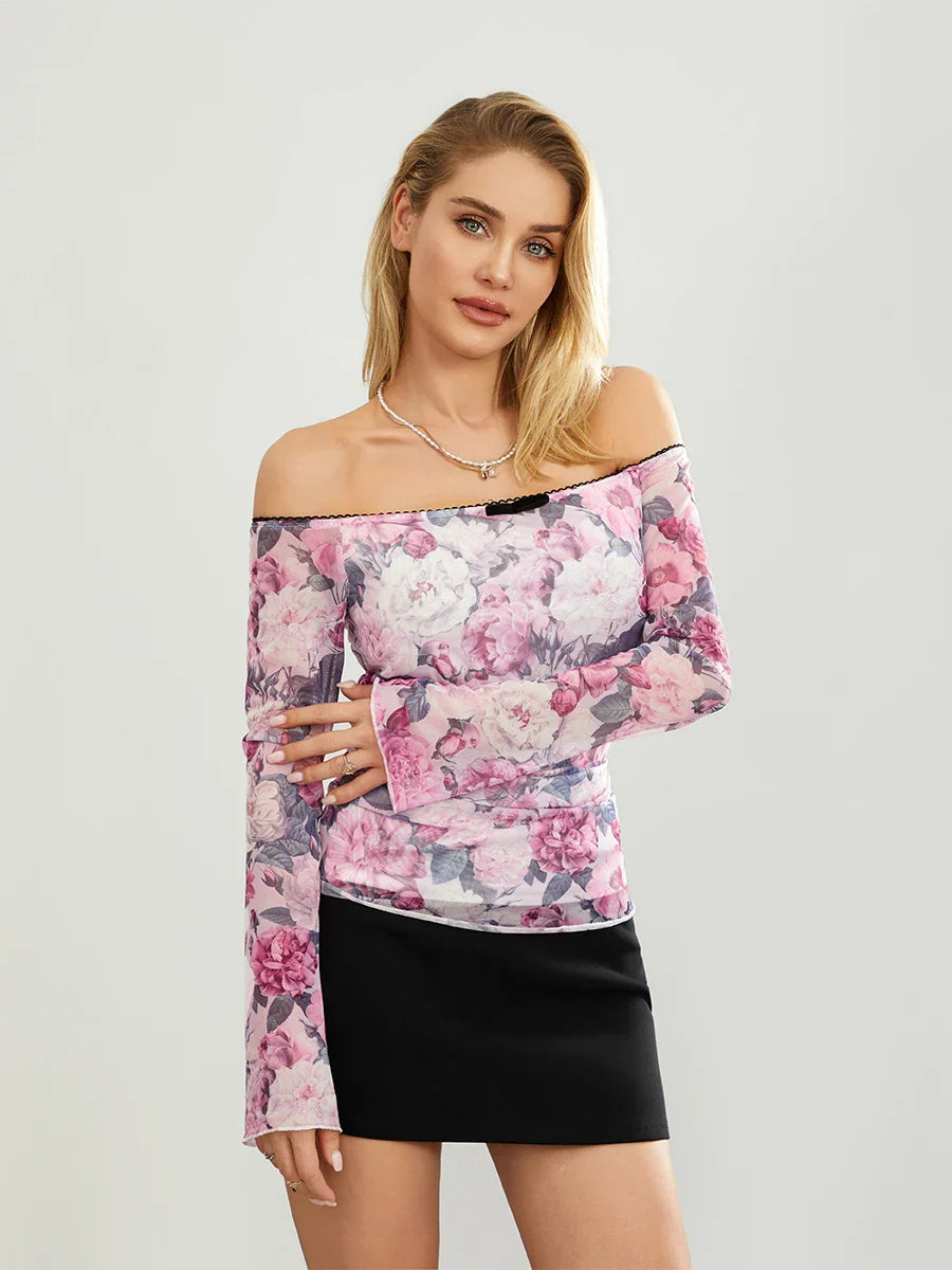 Women Long Sleeve Tops Floral Print Off-Shoulder Basic Shirt Casual Pullover for Fall Club Streetwear Aesthetic Clothes - Image 4