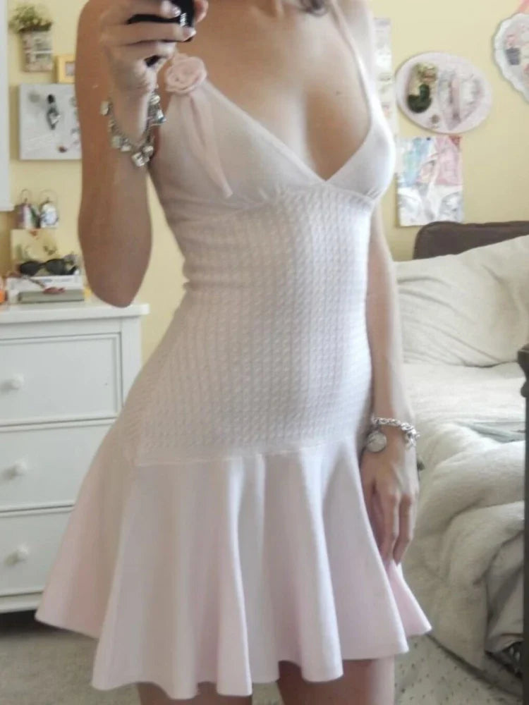 Knitted Dress For Women Sleeveless V Neck Slim Splice Flower - Image 5