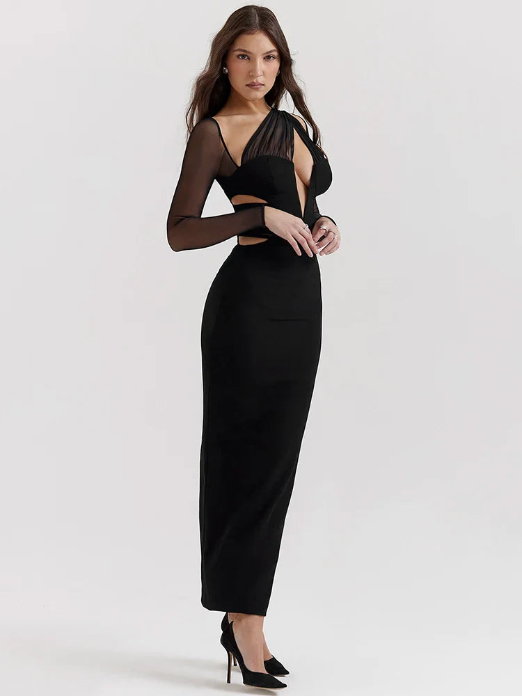Elegant Hollow Out Bodycon Sexy Maxi Dress For Women Fashion Mesh Sheer Long Sleeve Club Party Sexy Long Dress - Image 5