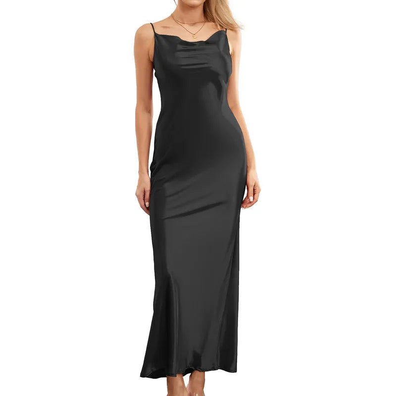 Women Long Bodycon Dress Evening Party Summer Clothes Solid Color Spaghetti Strap Cowl Neck Sleeveless Backless Dress - Image 10