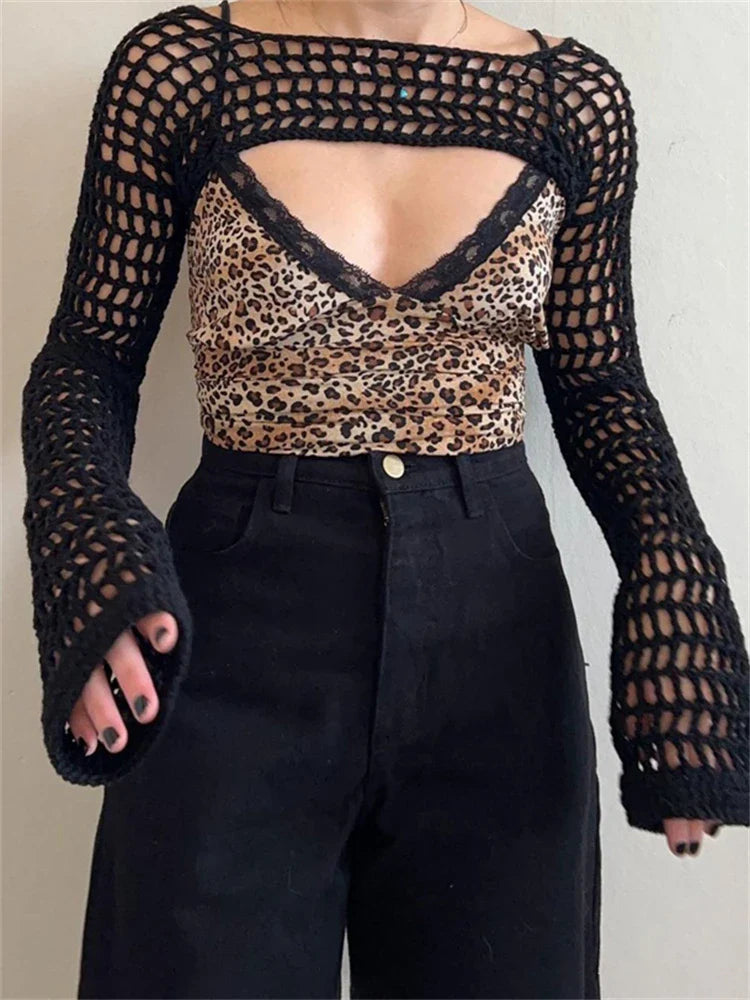 Sweater Pullover Tops Summer Long Sleeve Mesh Knitwear Top