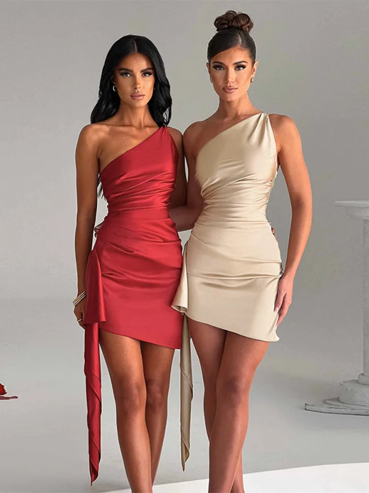 Inclined Collar Backless Sexy Mini Dress For Women Fashion One Shoulder Sleeveless Bodycon Ruched Club Party Dress