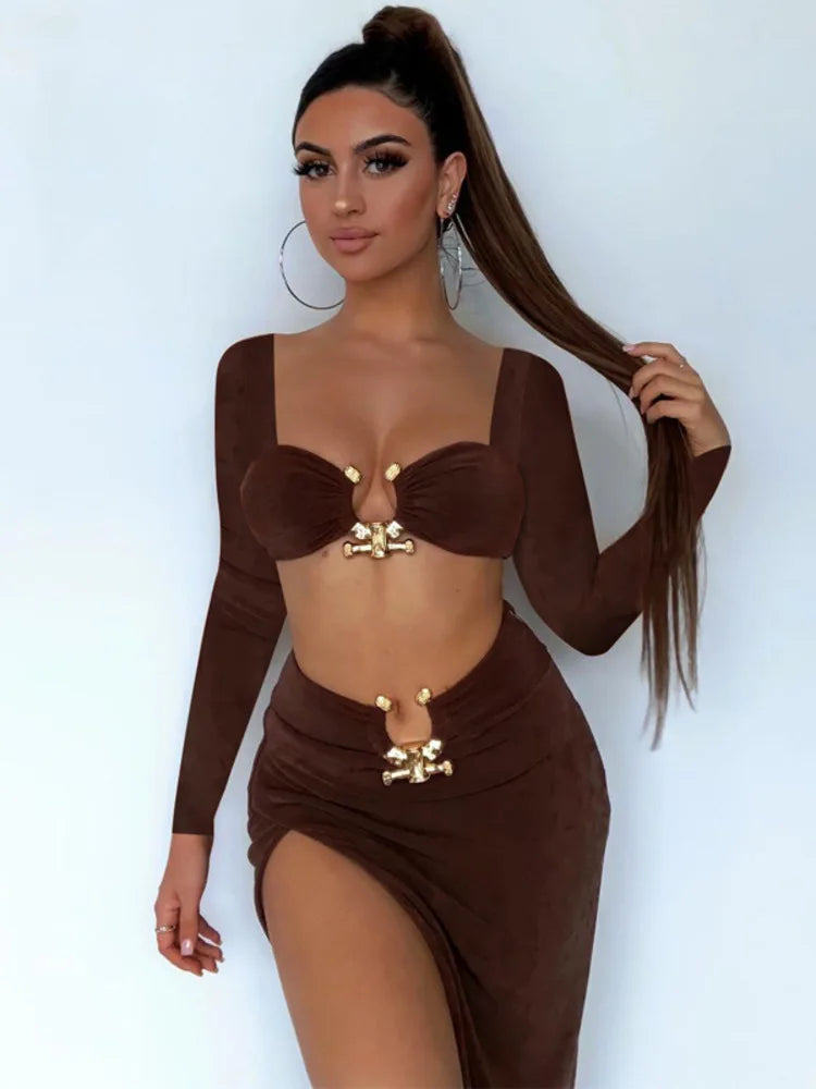 Autumn Two Piece Set Women Square Collar Full Sleeve Crop Top And High Split Skirt Matching Sets Female Dress Set - Image 8
