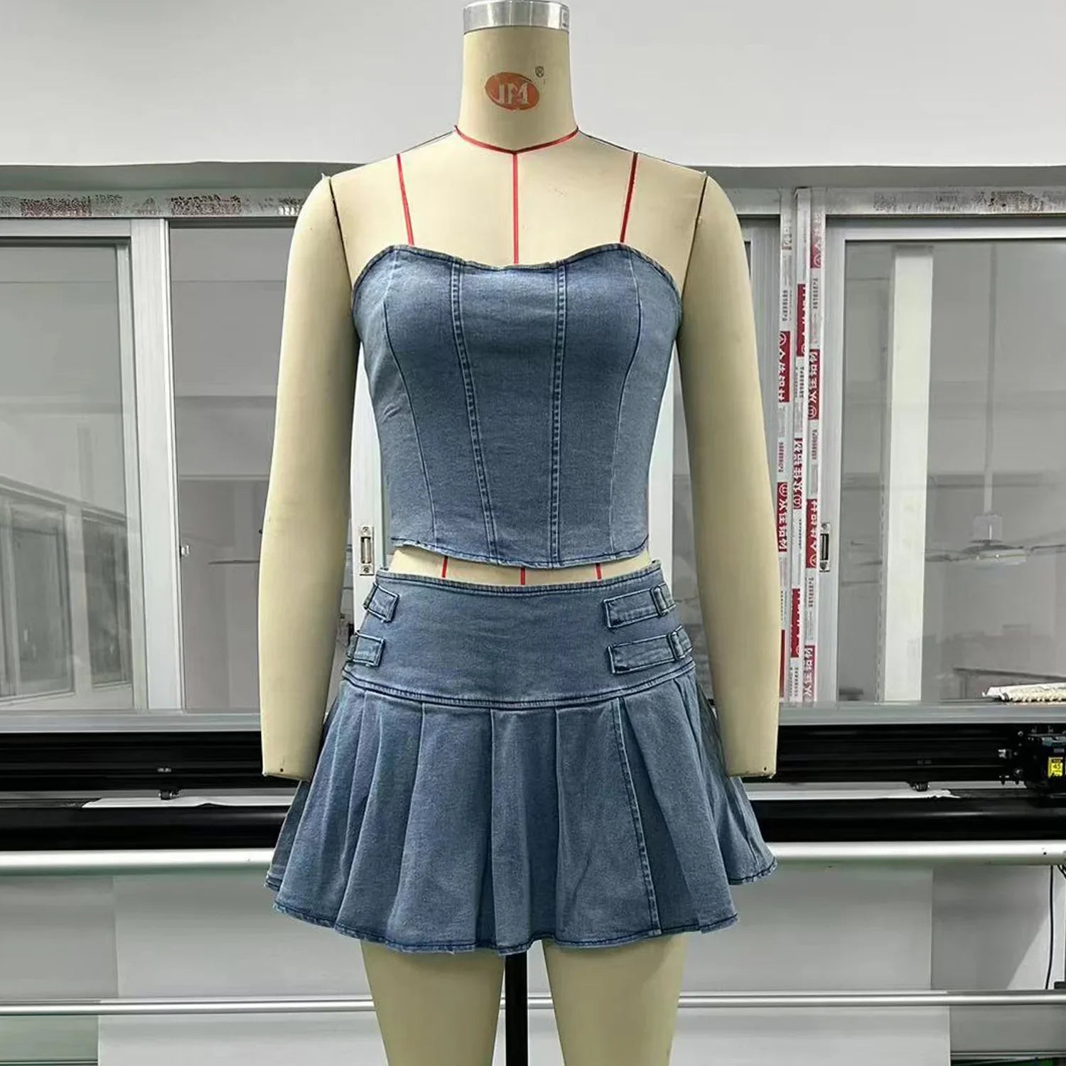 Sexy Denim Skirt Sets Women Strapless Crop Tops And Mini Skirt Ladies Fashion Club Party Pleated Skirt Two Piece Set - Image 2