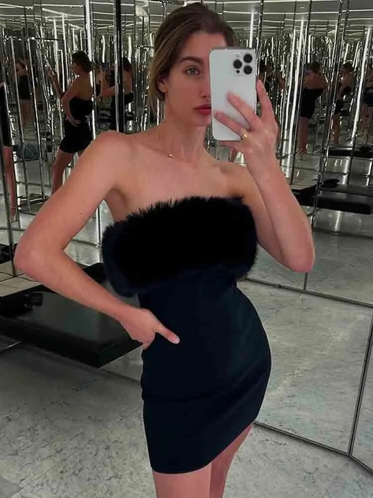 Strapless Backless Fluff Sexy Dress For Women Robes Elegant Evening Party Dress Bodycon Mini Summer Dress Vestidos