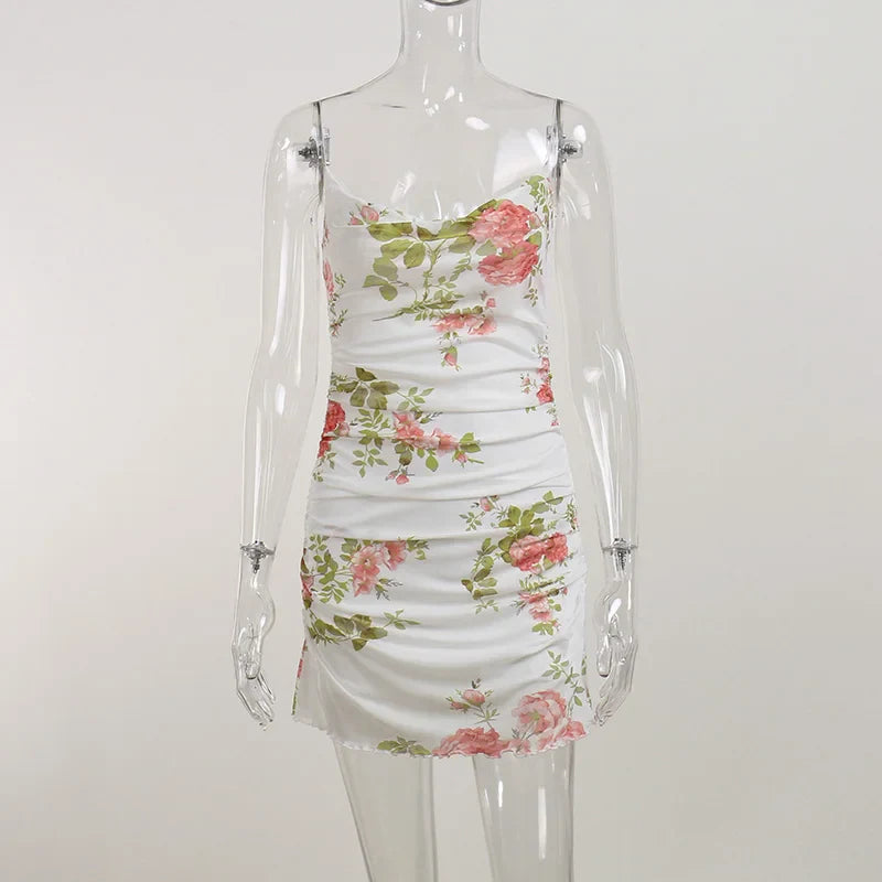 Women VintFloral Print Slip Dress Ruched Mesh Sling Dress Woman Summer Slim Fit Bodycon Short Dress Club Bar Outfit 2023 - Image 4