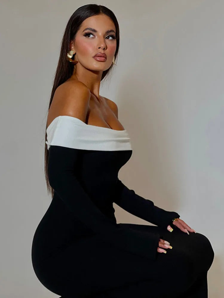 Off-shoulder Backless Bodycon Maxi Dress For Women Autumn Winter Contrast Color Long Sleeve Party Sexy Dress - Image 6
