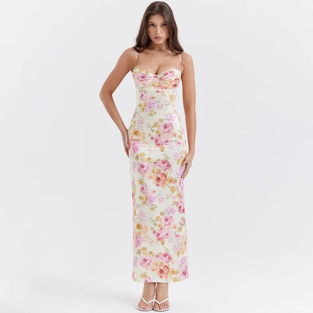 Summer Spaghetti Strap Maxi Party Dresses Casual White Floral Print Slim Go Out Holiday Dress Cute In Dress 2023