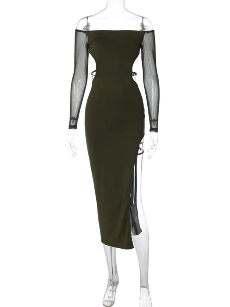 Sexy Off Shoulder Hollow Out Dress Women Bodycon Dress Female Autumn Long Sleeve Split Mid Length Party Dress - Image 6
