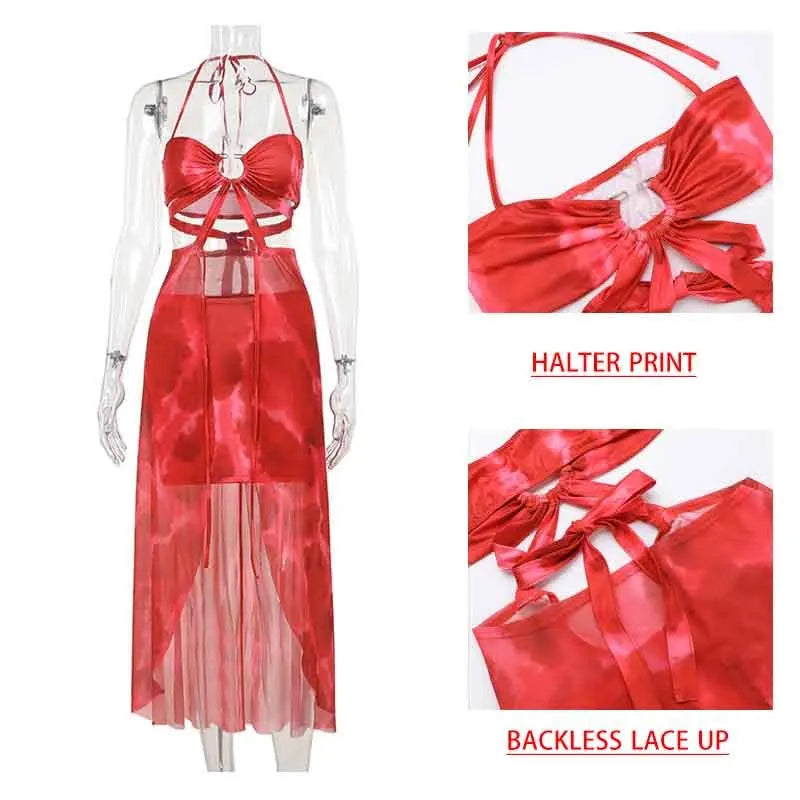 Print Lace Up Sexy Two Piece Set Halter Pleated Casual Holiday Top Long Skirt Women Set Elegant 2 Piece Set Women - Image 5