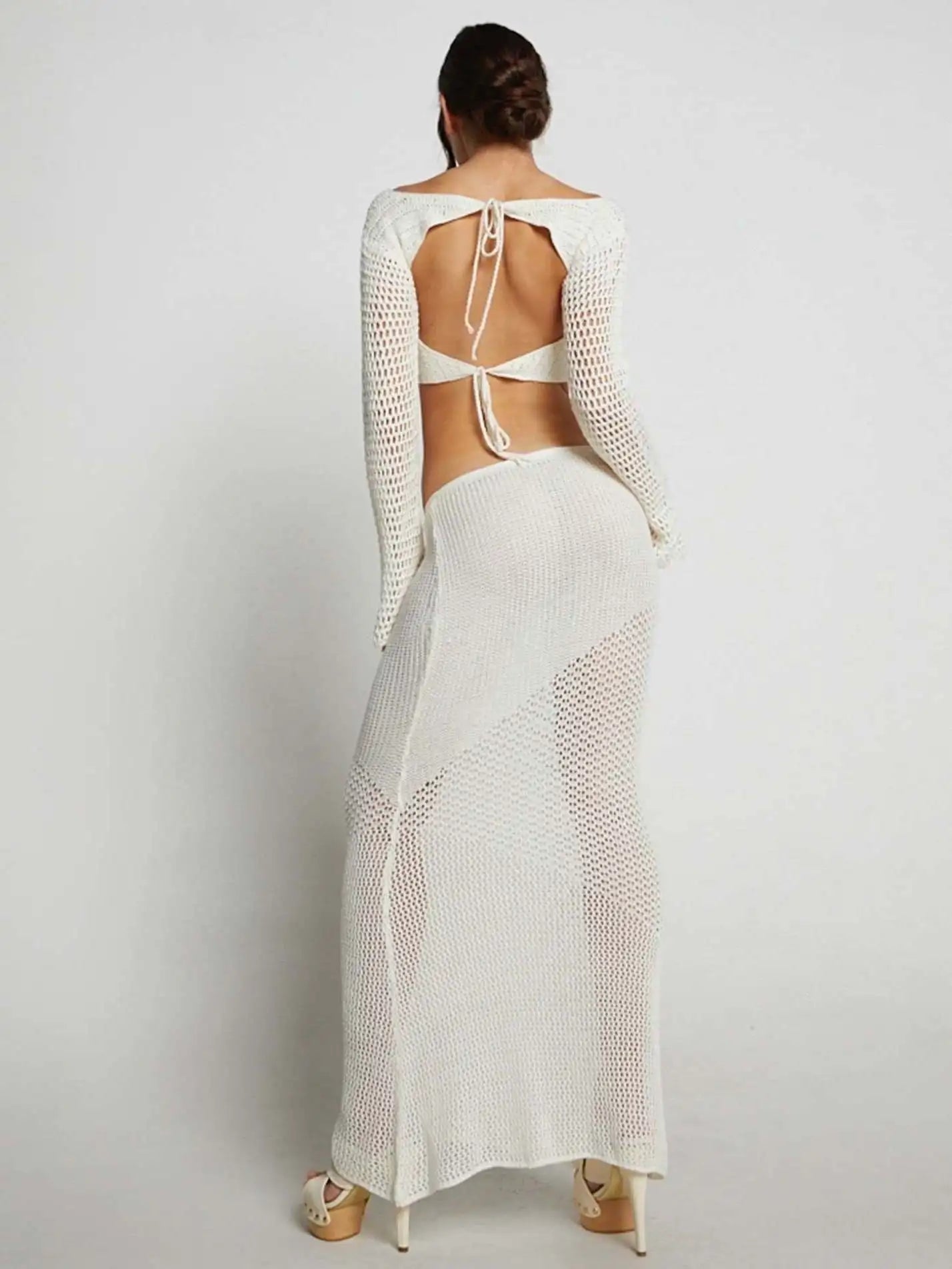 Sexy Lace Up Long Sleeve Casual Knitted Long Dress Set Women's Square Neck Top Long Dress Two Piece Beach Party Set - Image 4