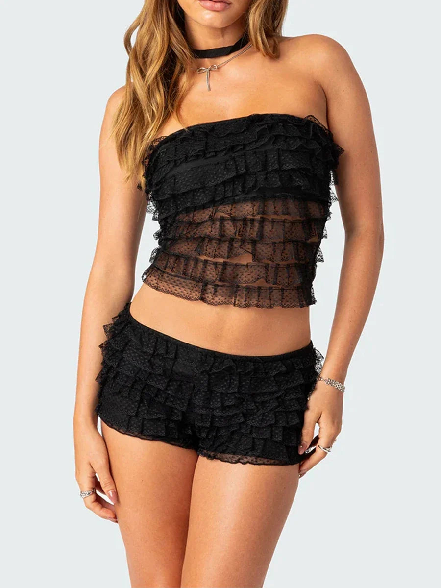 Sexy Womenâ€™s 2 Piece Summer Outfits Strapless Jacquard Corset Tube Tops + Ruched Shorts Set Party Clubwear Holiday Beach - Image 3