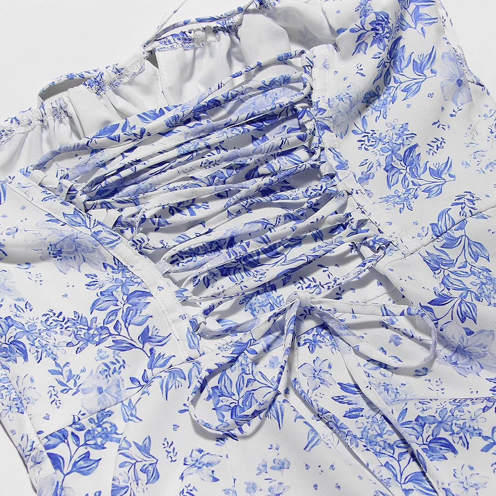 Floral Print Summer Holiday Dress Elegant Midi Spaghetti Strap Lace Up Dress A Line Casual Women Clothing 2024 - Image 7