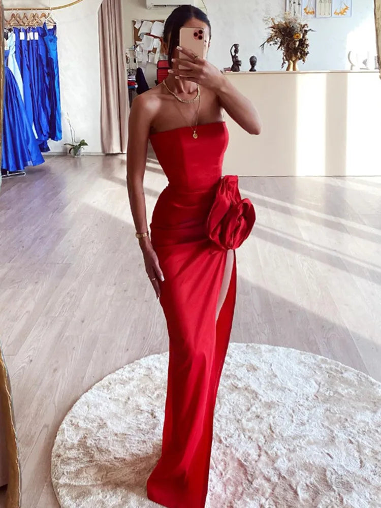 Strapless 3D Big Flower Sexy Midi Dress For Women Fashion Off-shoulder Backless Bodycon High Split Evening Long Dress - Image 3