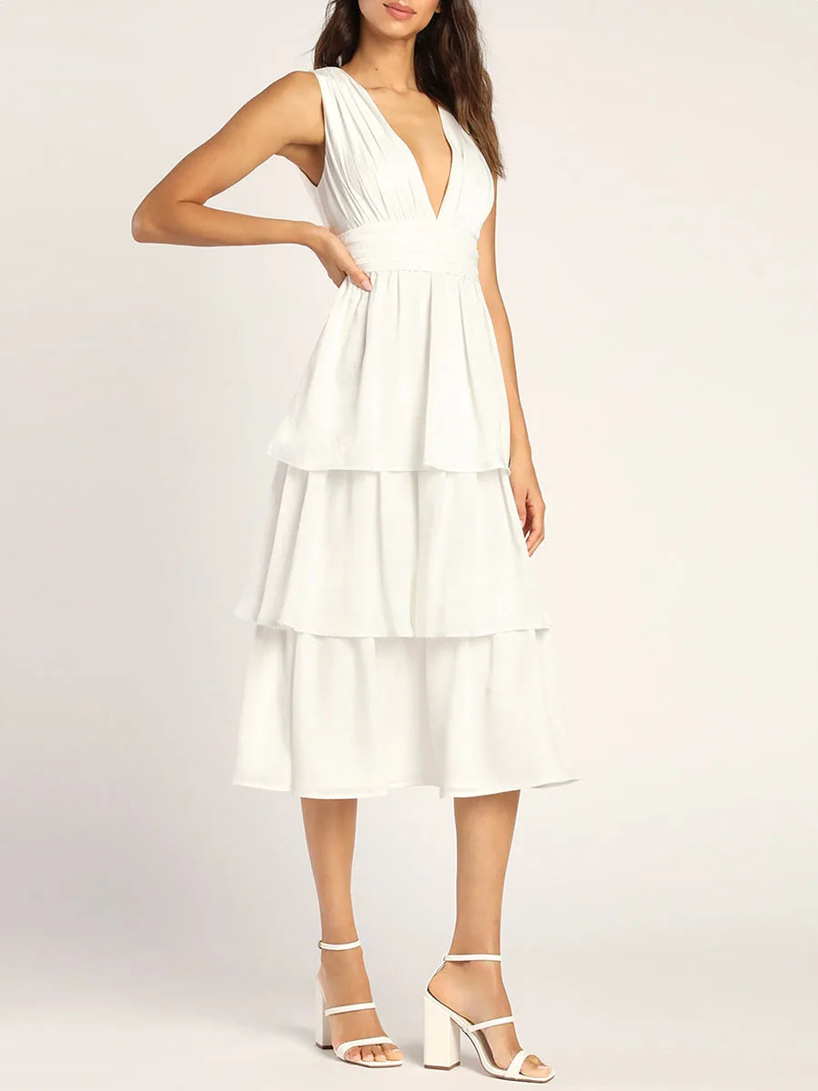 Women's Tiered Ruffle Sling Midi Dress Female Casual Sleeveless Loose Vestidos