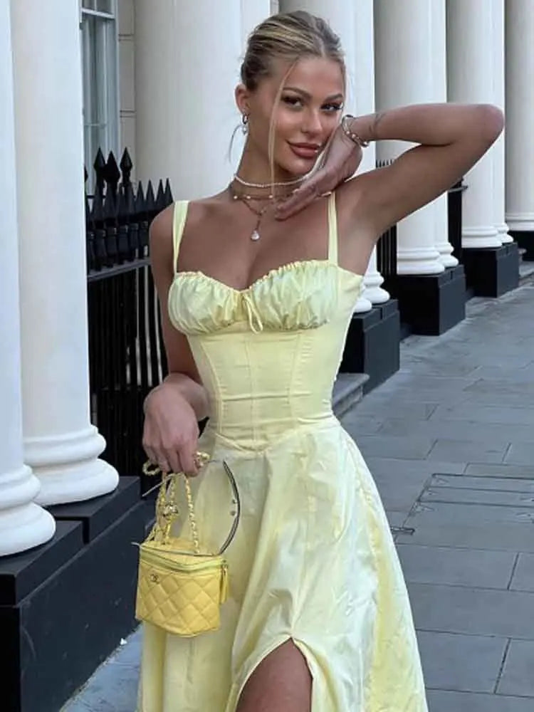 Yellow Lace Up Ruffle Evening Party Dress Women Sleeveless Elegant Sexy Dress Bodycon Long Summer Dress Vestidos