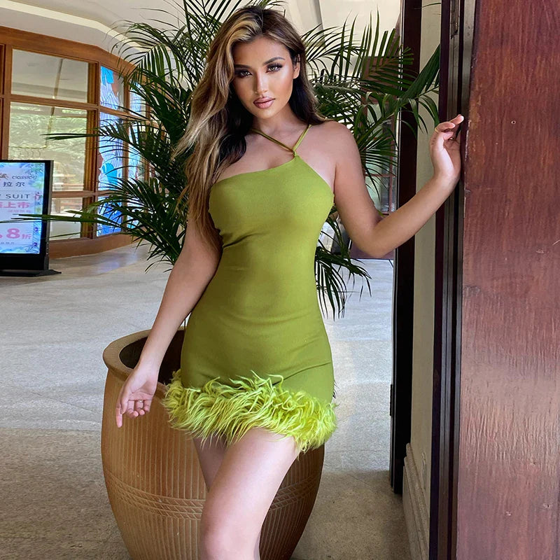 Sexy Green Short Cocktail Dresses Crepe Feather One Stripe Shoulder Mermaid dress Backless Prom Homecoming Gowns Dress Clubwear