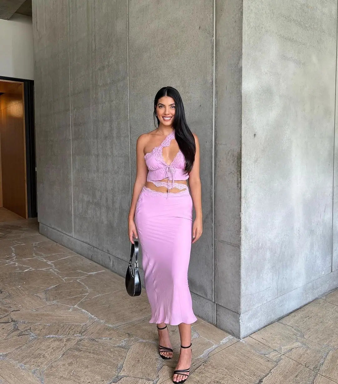 Two Piece Sets Womens Outifits Pink Lace Crop Top and Skirt Set Long Elegant Satin Lace Up Tops for Party Clubwear - Image 3