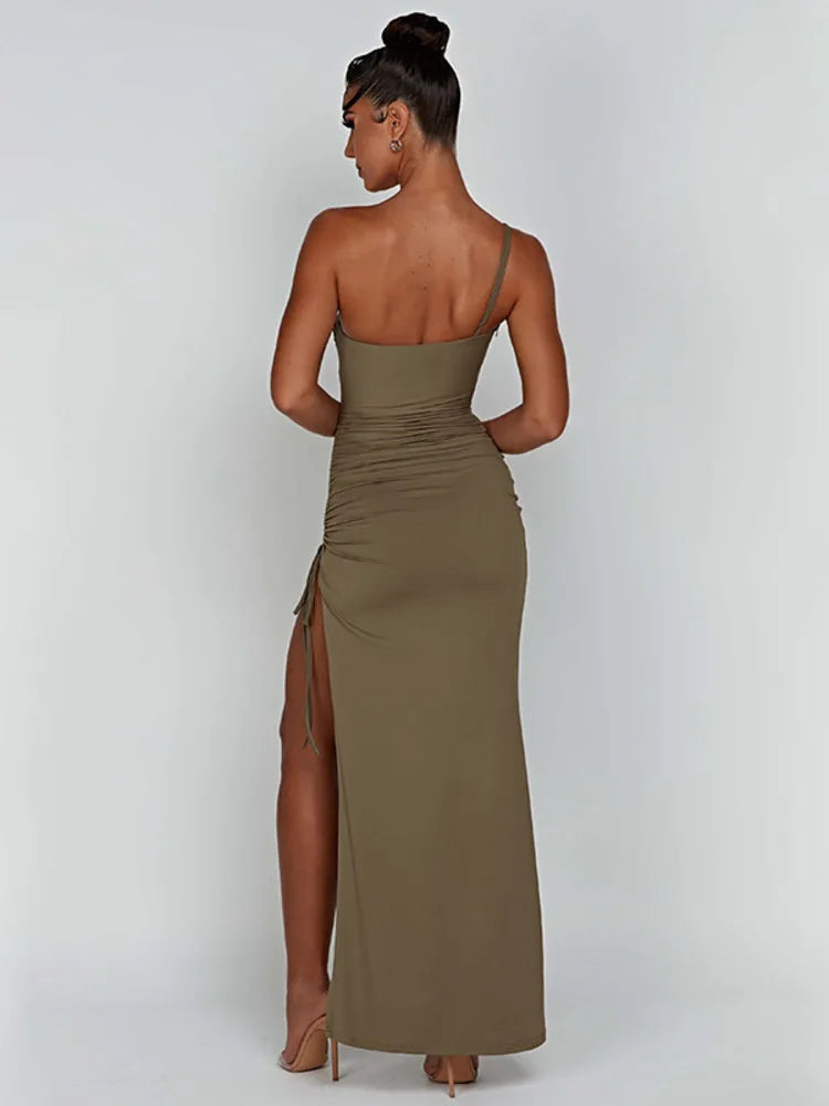 One Shoulder Strap Thigh High Split Maxi Dress For Women Robe Sleeveless Backless Bodycon Sexy Club Party Long Dress - Image 4