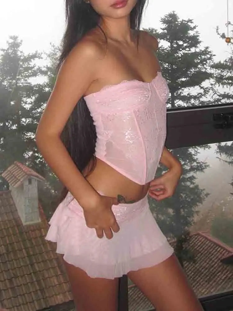 Black Strapless Lace Sexy Two Piece Set Ruffle Top Long Skirt Women Set Elegant Evening Party 2 Piece Set Women - Image 3