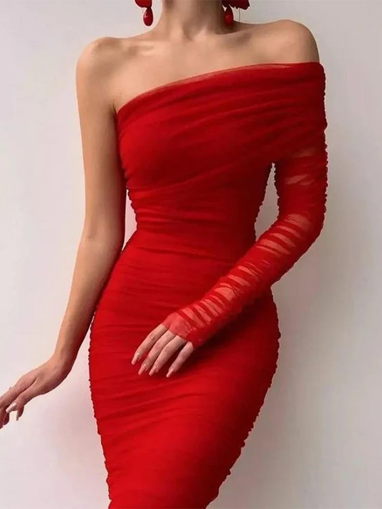See Through Mesh Midi Dresses For Women Fold Sexy Slim Cocktail Dress Woman Wedding Bodycon Off Shoulder Dress Women's - Image 9