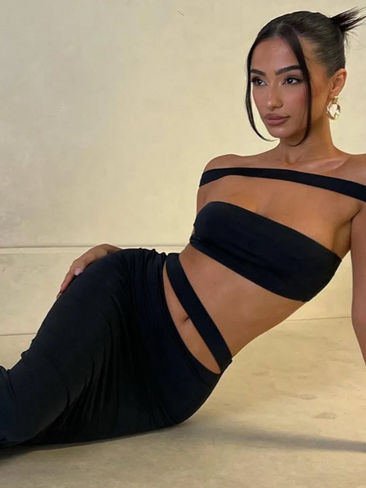 Strapless Sexy Two Piece Set Women Fashion Off-shoulder Sleeveless Crop Tops And Long Skirt Ladies Party Skirt Sets - Image 5
