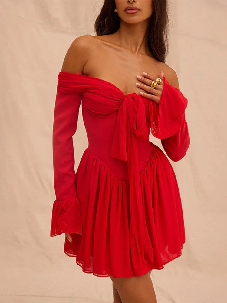 Elegant Strapless Backless Sexy Mini Dress For Women Red Off-shoulder Long Flare Sleeve Pleated Club Party Dress 2024 - Image 4