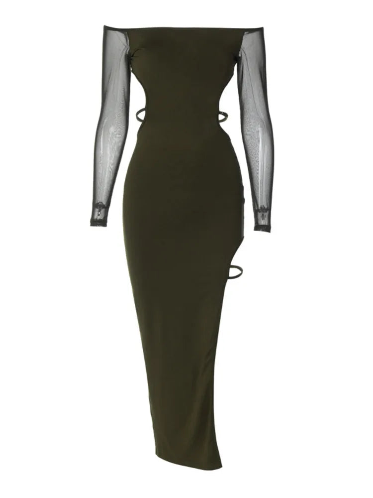 Sexy Off Shoulder Hollow Out Dress Women Bodycon Dress Female Autumn Long Sleeve Split Mid Length Party Dress - Image 5
