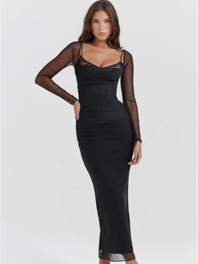 Long Sleeve Mesh Patchwork Lace Double Layer Women Sexy Solid Midi Dress For Ladies Autumn Party Clubwear Long Dress - Image 3